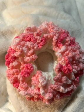 Hand Crafted Cream and Pink Crochet Hair Scrunchie